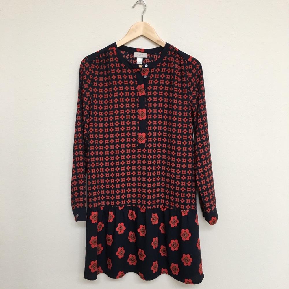 Loft Small Printed Long Sleeves Ruffle Hem Dress